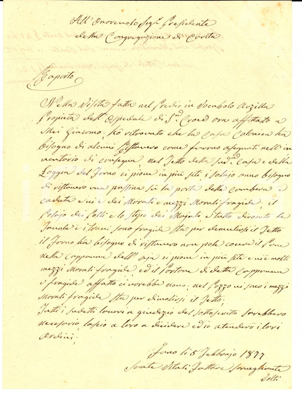 Documento originale, autentico 1877 FANO (PU) Ospedale SANTA CROCE affitta catapecchia a Giacomo MEI 1
