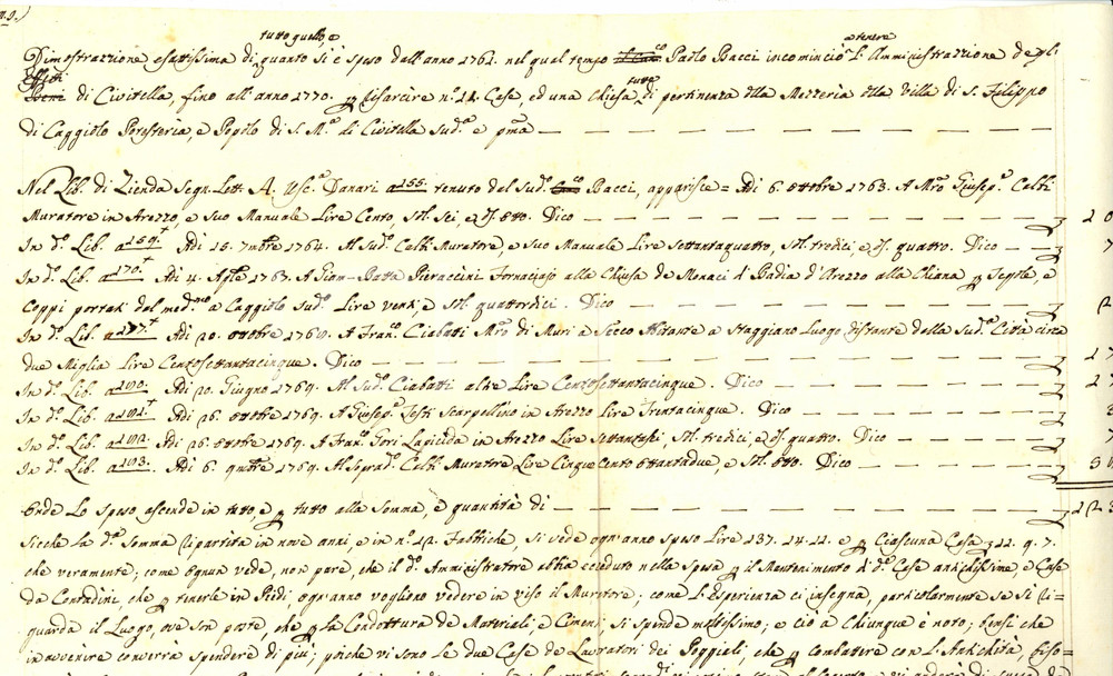 Documento originale, autentico 1770 CIVITELLA VAL DI CHIANA (AR) Paolo BACCI amministratore Villa del CAGGIOLO 1