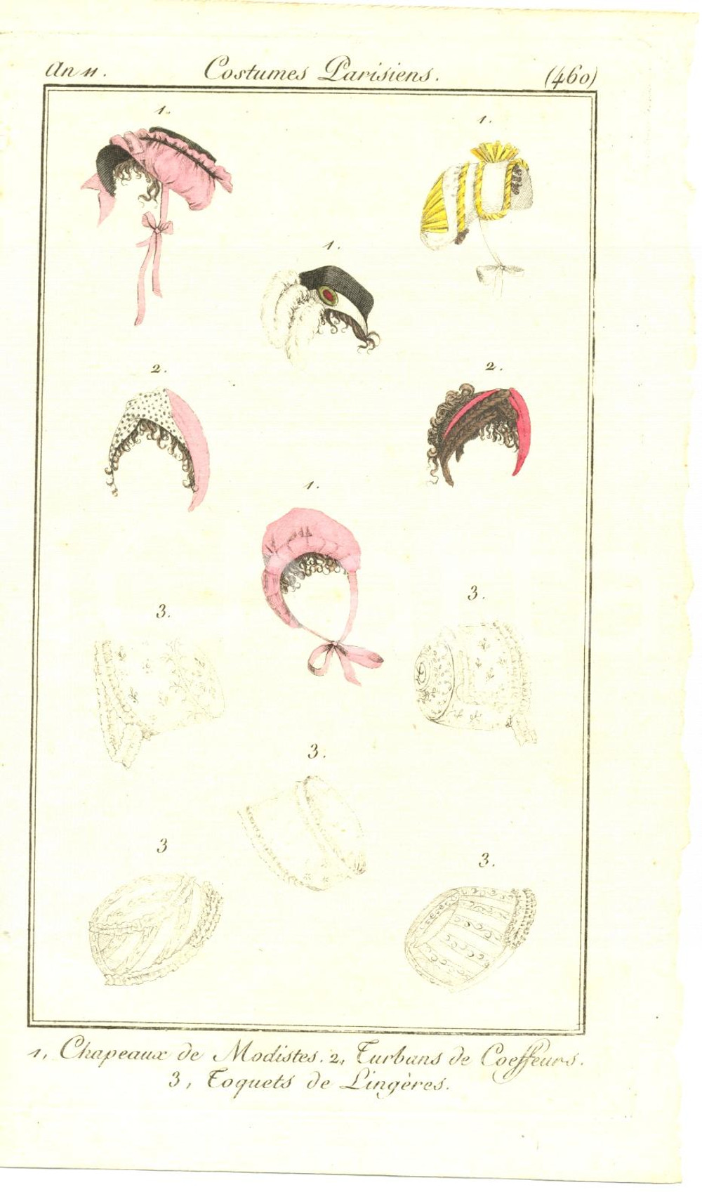 Stampa, bozzetto originale 1802 JOURNAL DES DAMES ET DES MODES Costumes parisiens *Chapeaux de Modistes 1