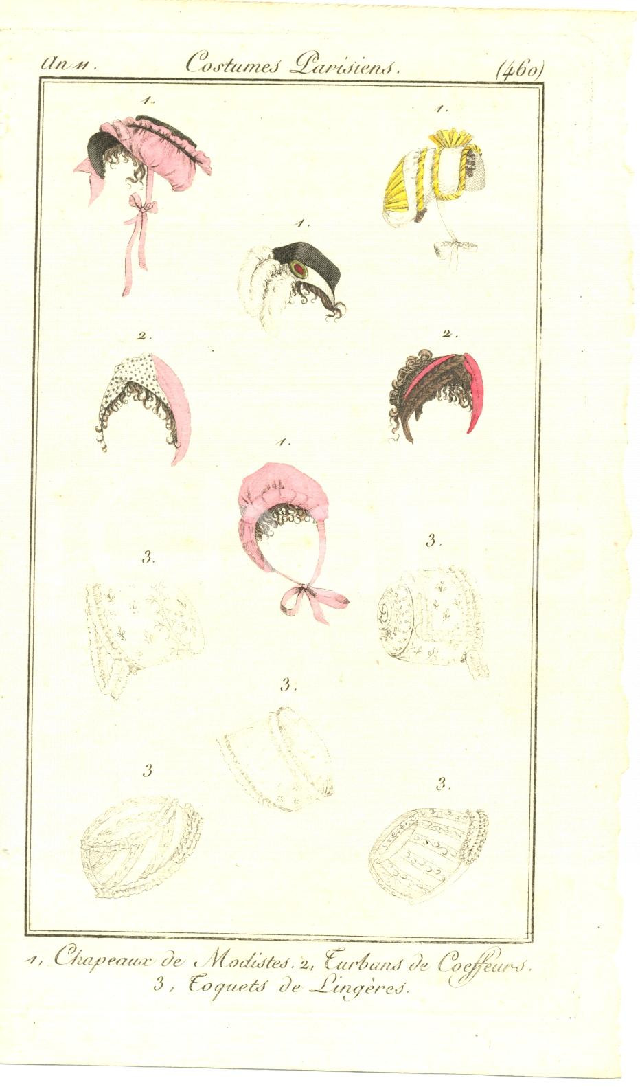 Stampa, bozzetto originale 1802 JOURNAL DES DAMES ET DES MODES Costumes parisiens Chapeaux de Modistes 1