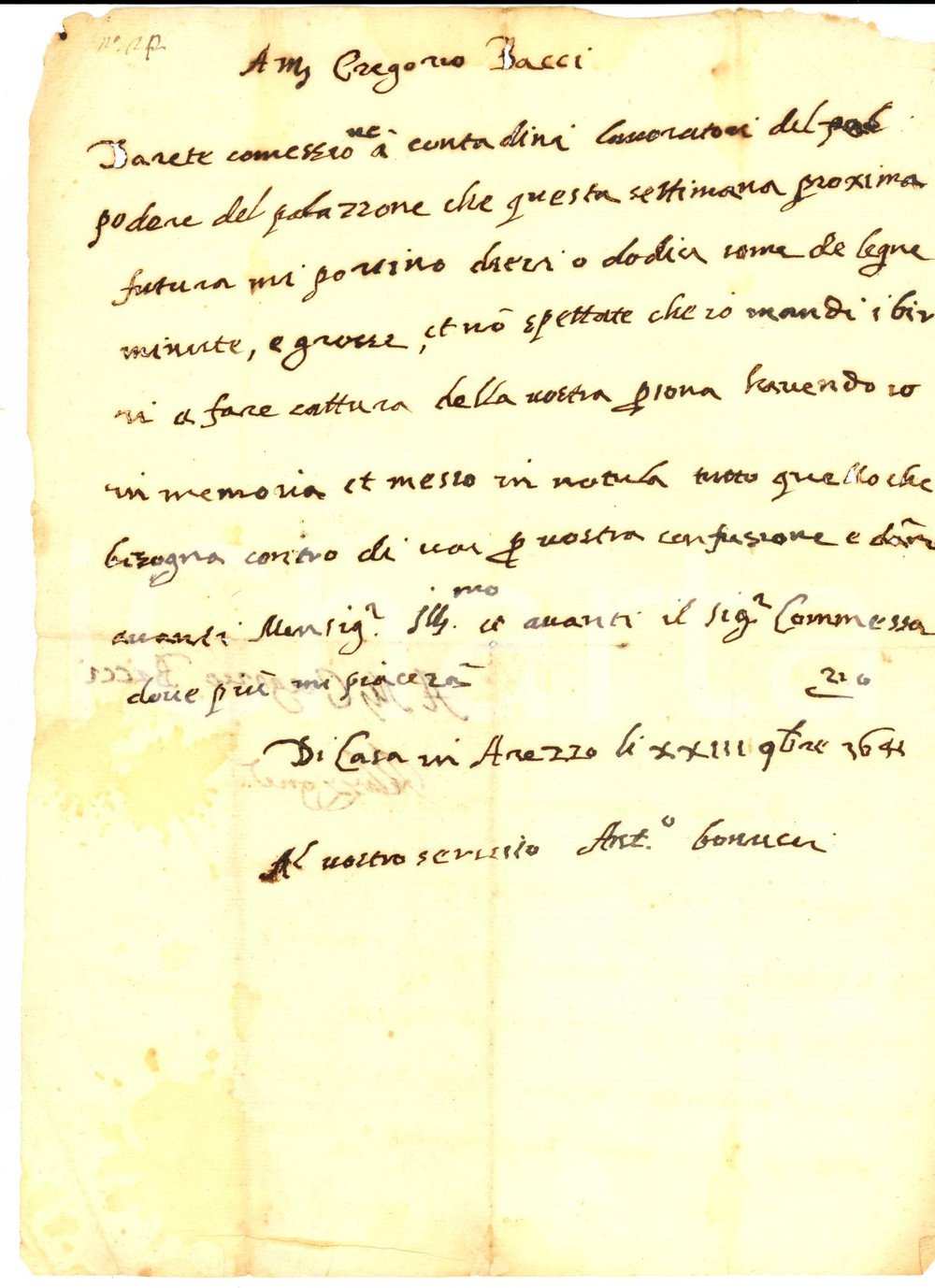 Documento originale, autentico 1641 AREZZO Mando i birri a fare cattura della vostra persona Lettera 1