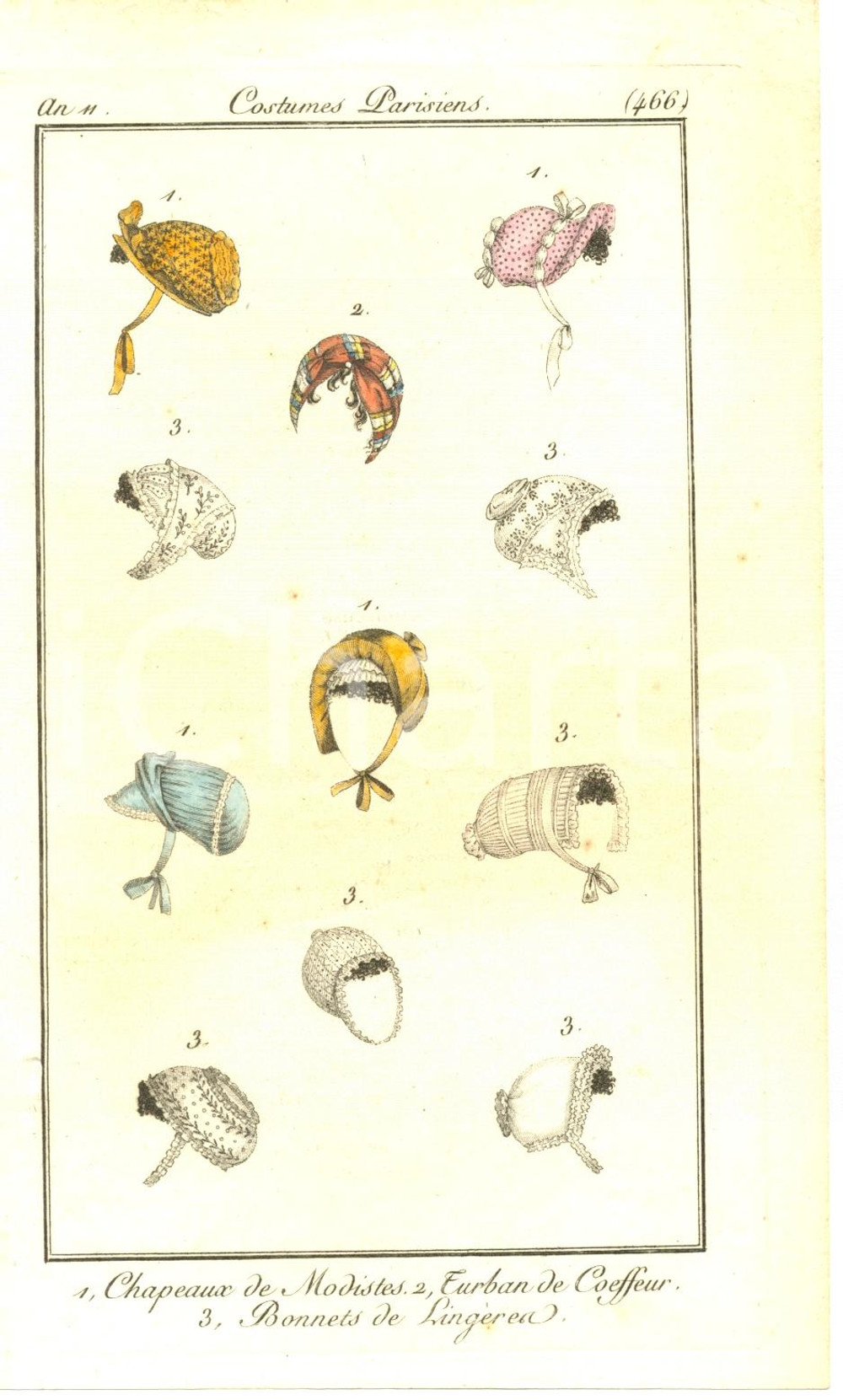 Stampa, bozzetto originale 1802 JOURNAL DES DAMES ET DES MODES Costumes parisiens *Coiffures de fantaisie 1