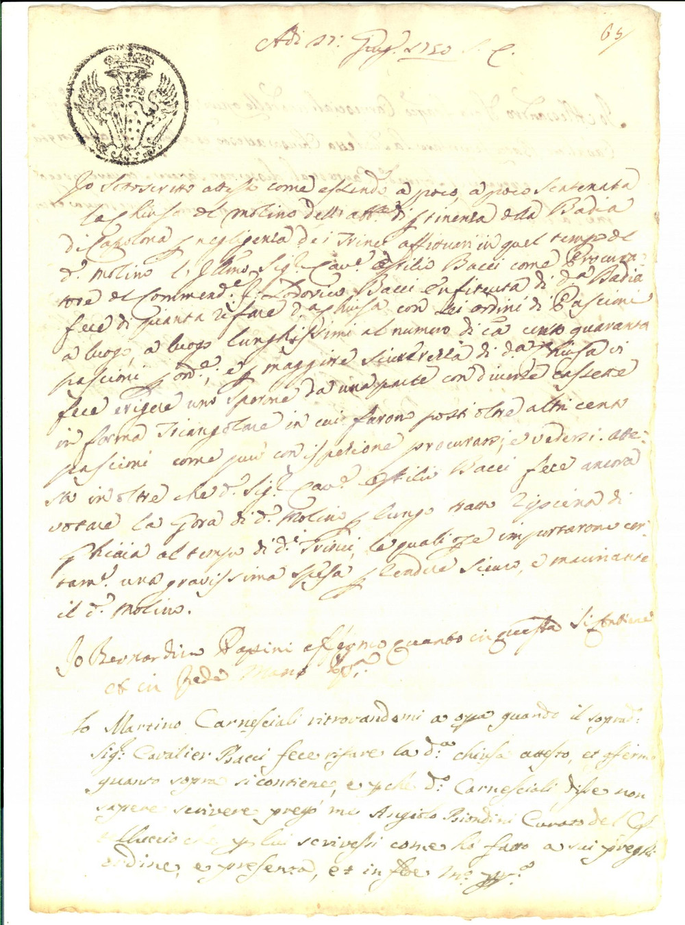 Documento originale, autentico 1750 CAPOLONA (AR) Lavori alla chiusa del mulino Abbazia di CAMPOLEONE 1