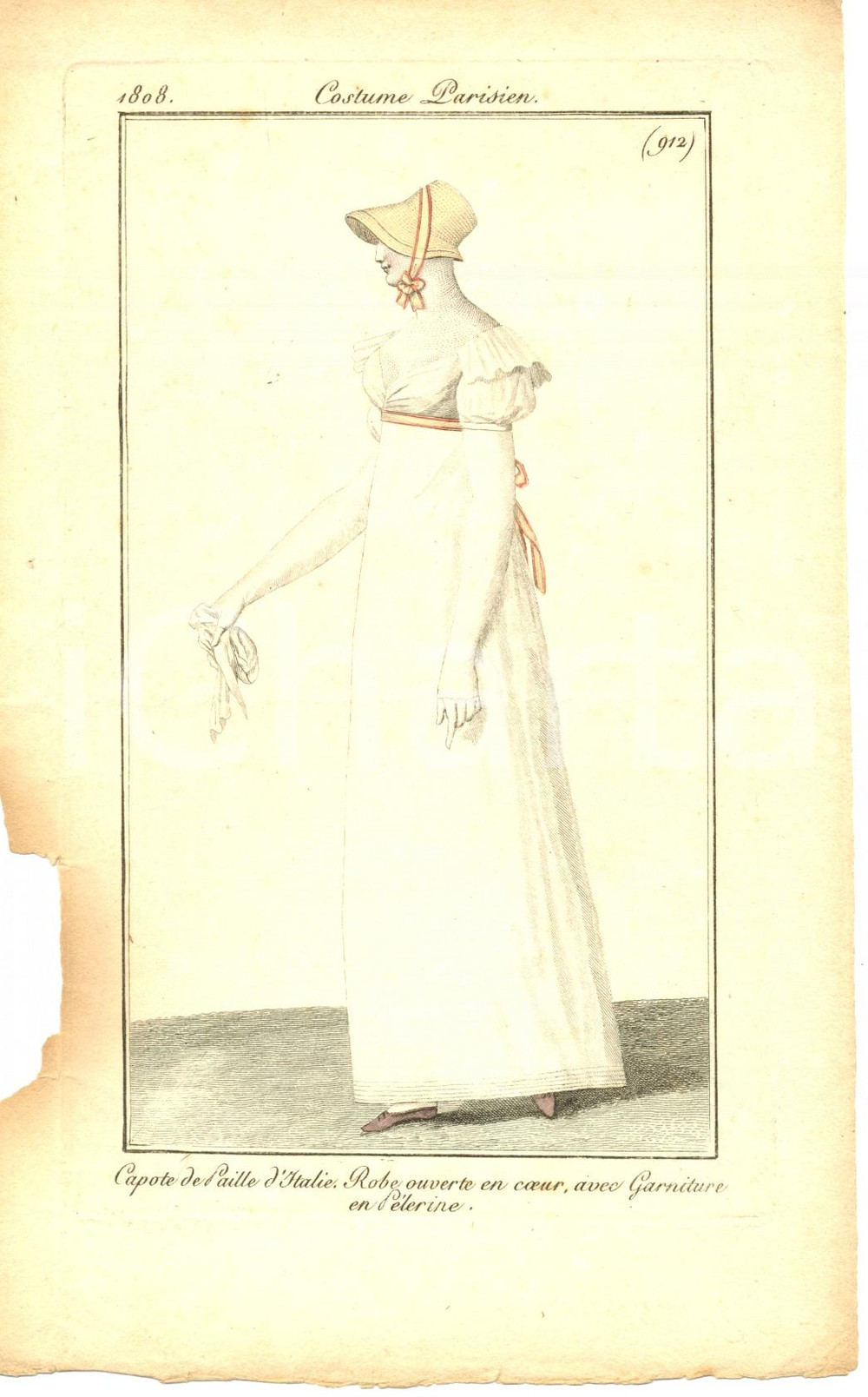 Stampa, bozzetto originale 1808 JOURNAL DES DAMES ET DES MODES Costumes parisiens Robe ouverte en coeur 1