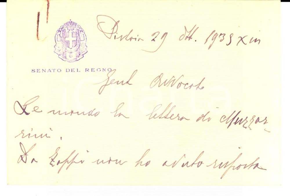 Autografo originale 1935 PISTOIA Biglietto senatore Raffaello BALDI PAPINI *Autografo 1
