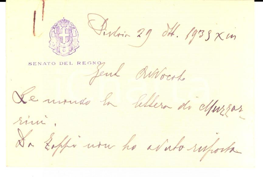 Autografo originale 1935 PISTOIA Biglietto senatore Raffaello BALDI PAPINI Autografo 1