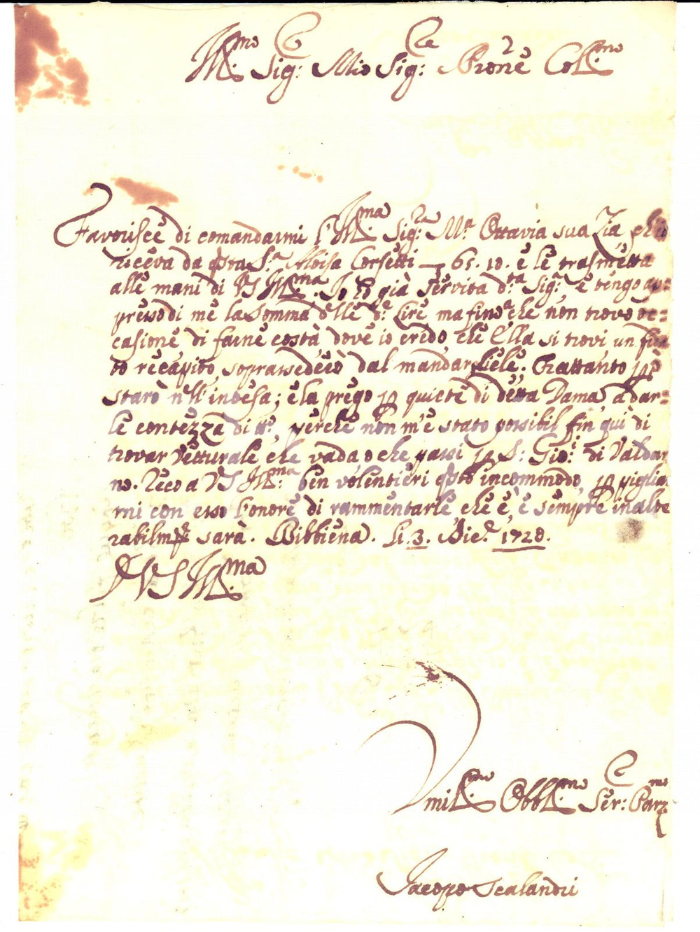 Documento originale, autentico 1728 BIBBIENA AR Jacopo SCALANDRI per la quiete di detta Dama Lettera 1