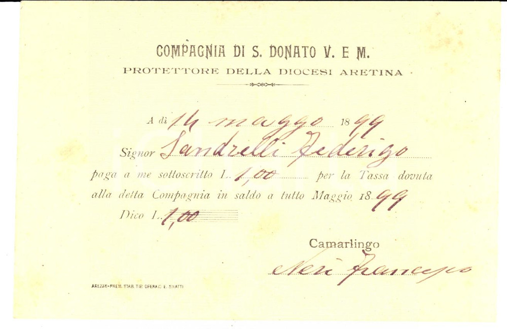 Documento originale, autentico 1899 AREZZO Compagnia di SAN DONATO Iscrizione Federigo SANDRELLI 1