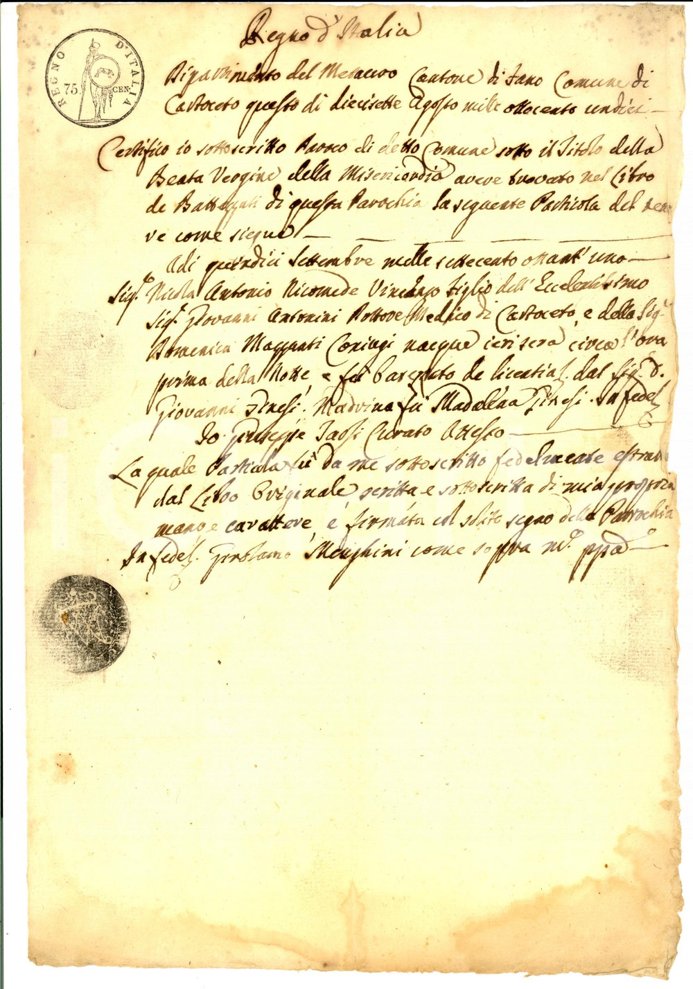Documento originale, autentico 1811 CARTOCETO (PU) Dipartimento METAURO Fede di battesimo Nicola ANTONINI 1