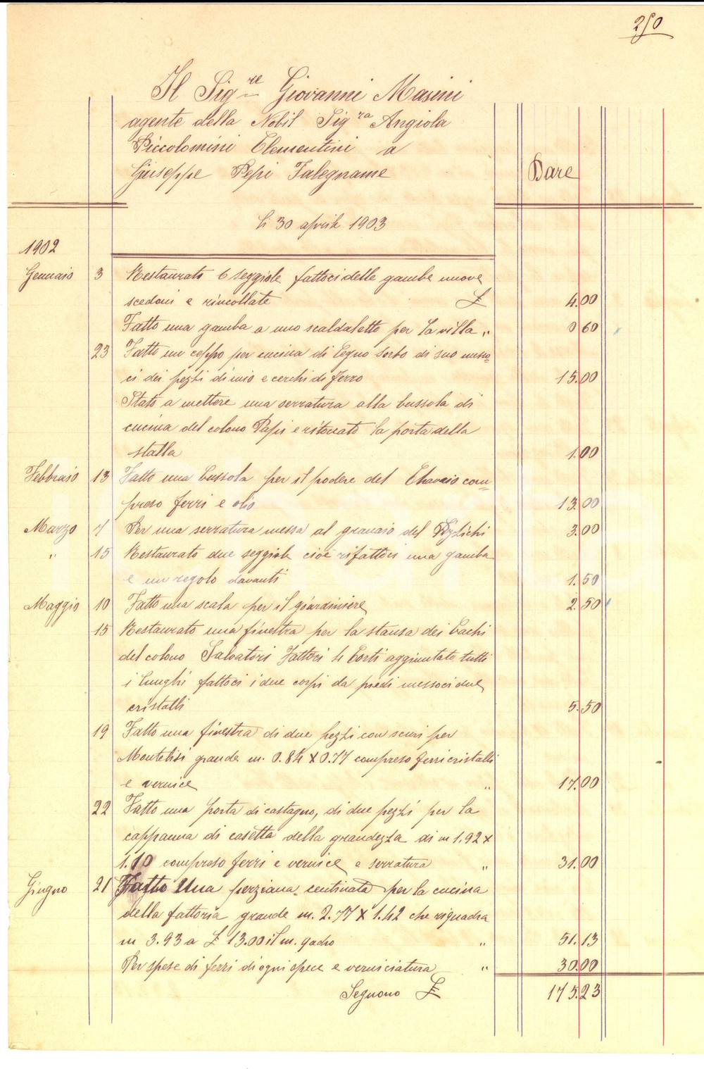 Documento originale, autentico 1903 SIENA Conto falegname Giuseppe PEPI per Angiola PICCOLOMINI CLEMENTINI 1