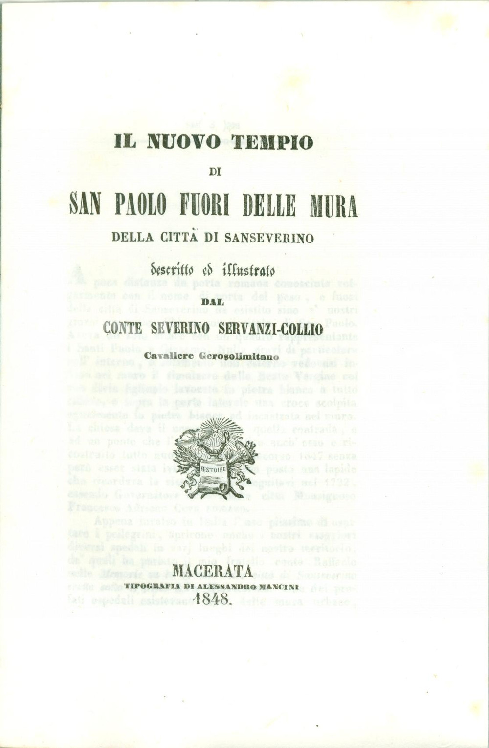 Libro, pubblicazione d'epoca 1848 SAN SEVERINO (MC) Severino SERVANZI-COLLIO Tempio SAN PAOLO FUORI LE MURA 1 1