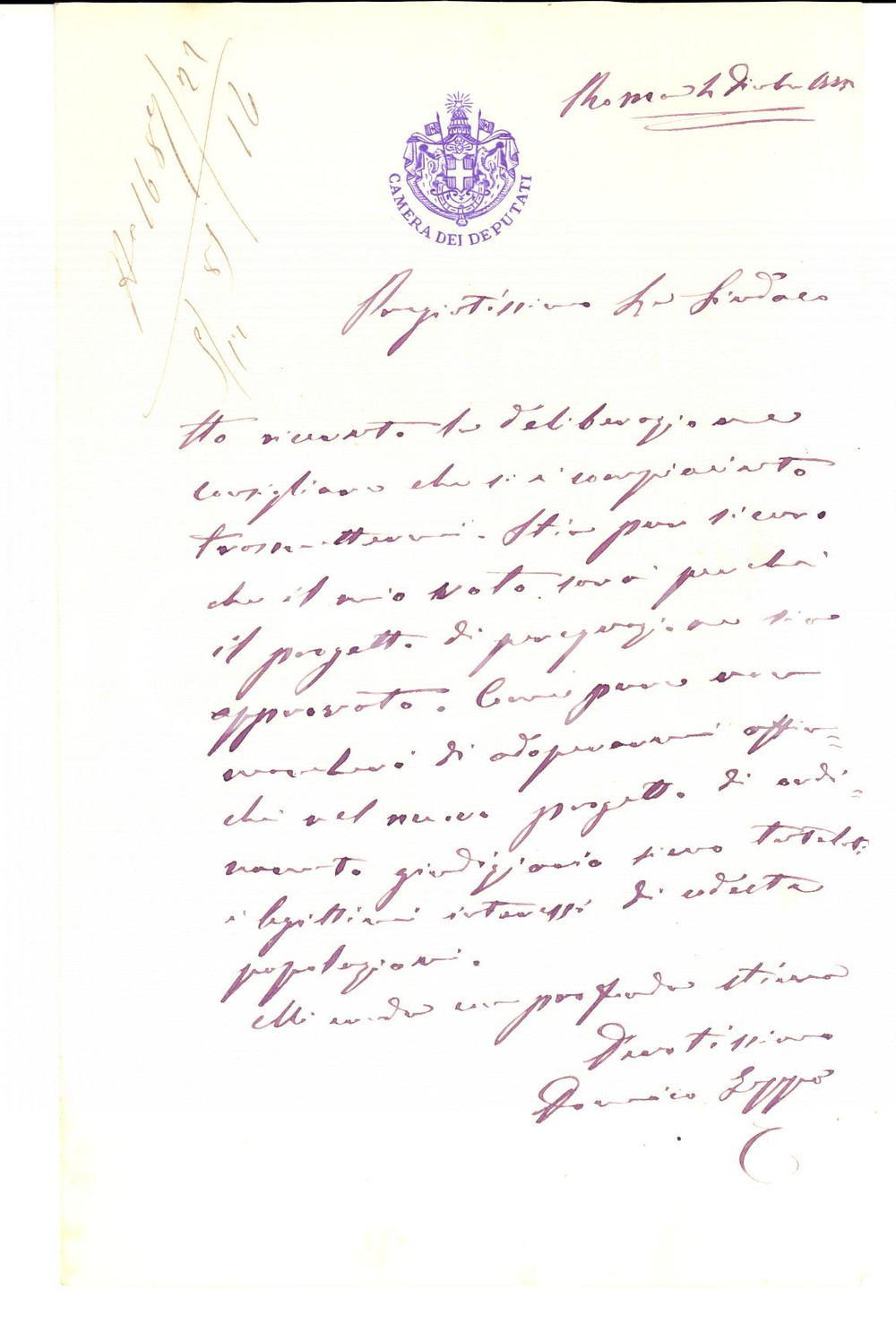 Manoscritto, lettera originale 1885 ROMA On. Domenico ZEPPA sul nuovo ordinamento giudiziario *AUTOGRAFO 1