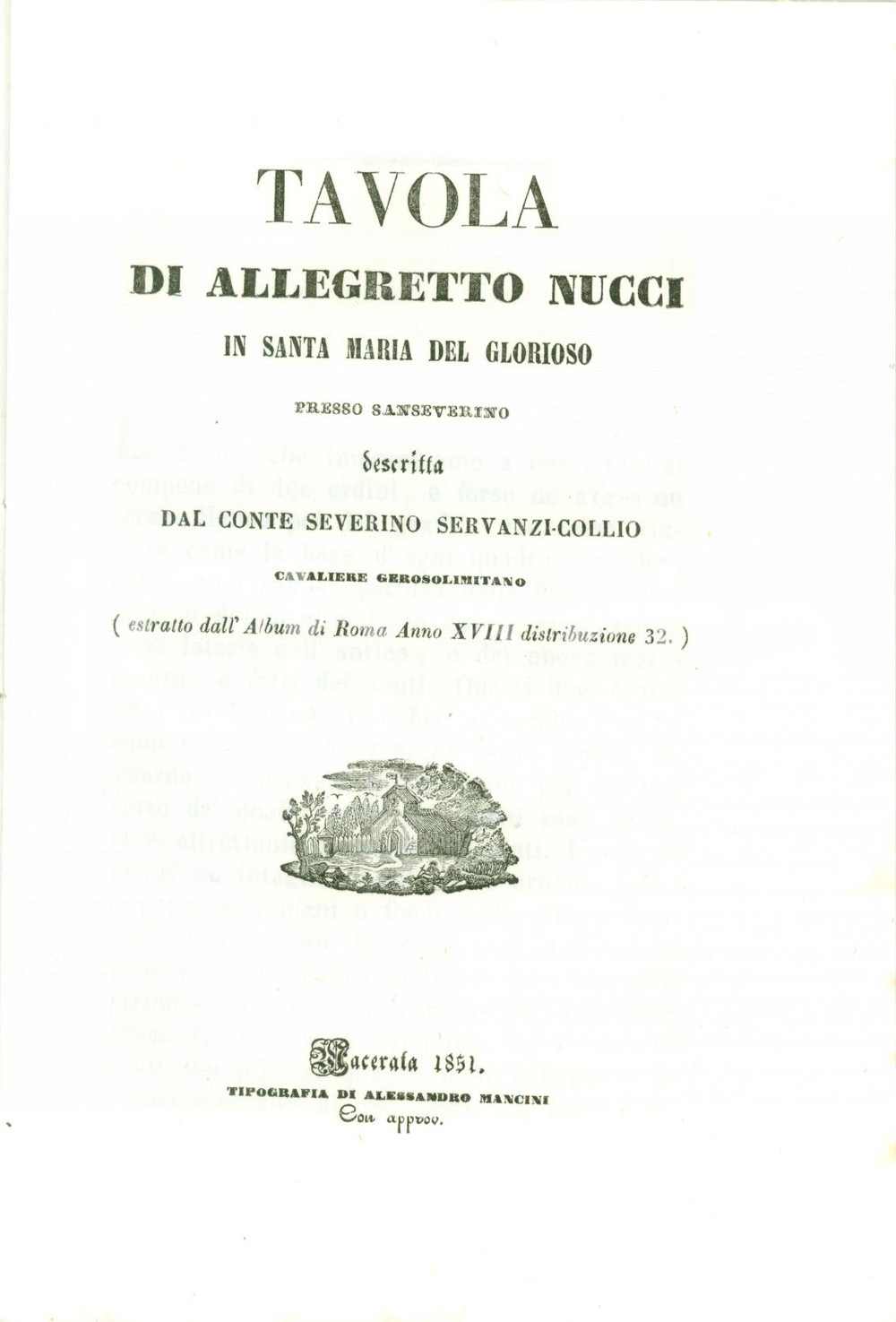 Libro, pubblicazione d'epoca 1851 Severino SERVANZI COLLIO Tavola Allegretto NUCCI Santa Maria del Glorioso 5 1