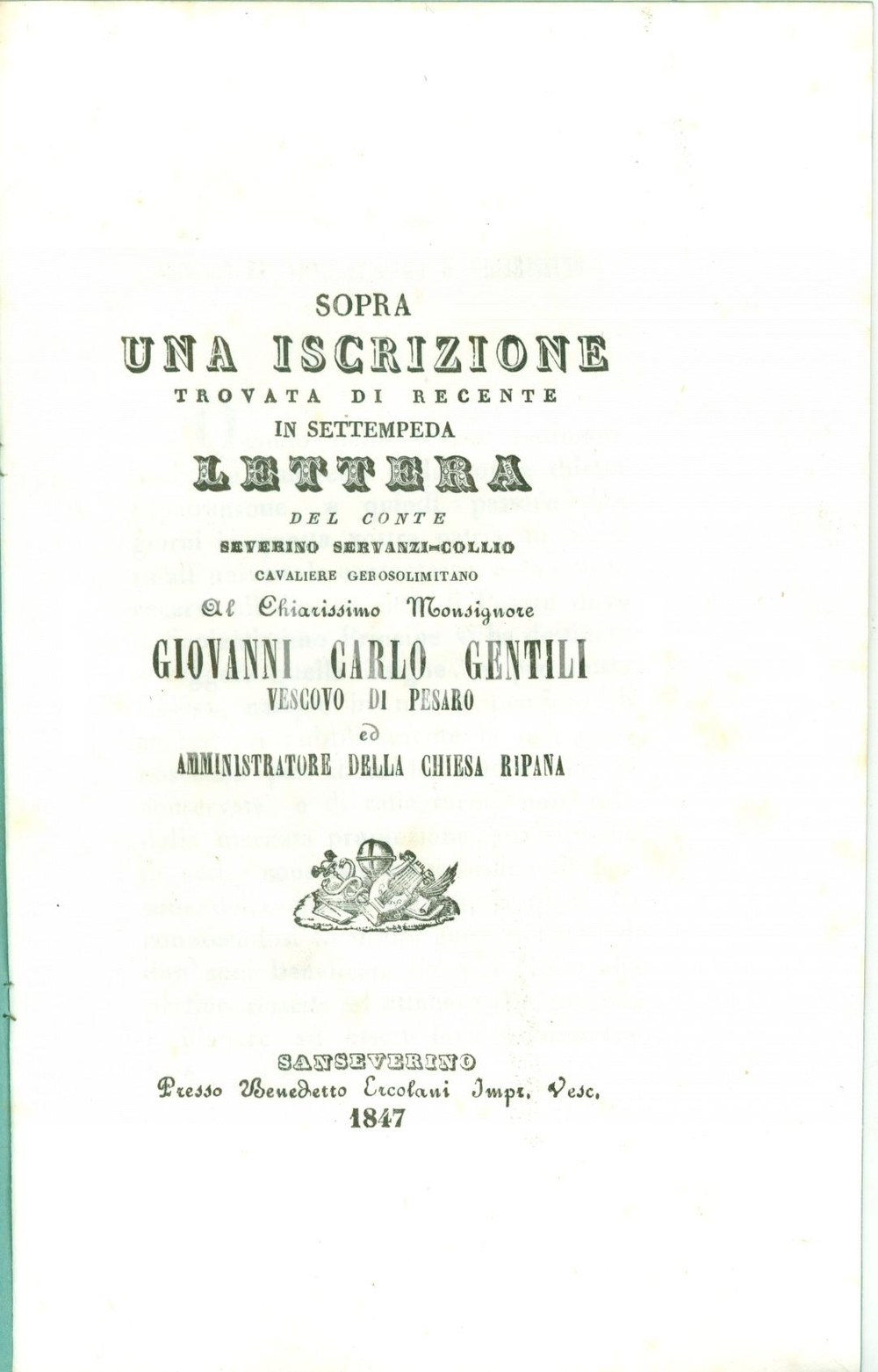 Libro, pubblicazione d'epoca 1847 SAN SEVERINO MARCHE (MC) Severino SERVANZI-COLLIO su iscrizione a FRONTONE 1