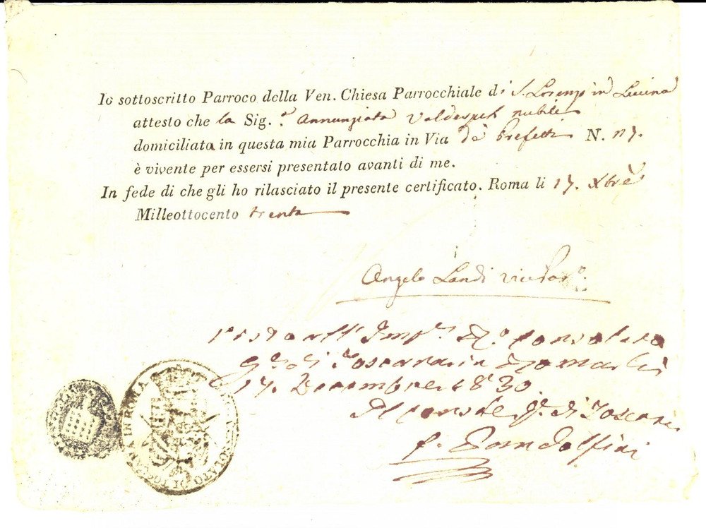 Documento originale, autentico 1830 ROMA SAN LORENZO IN LUCINA Certificato di vita Annunziata VALDESPETI 1