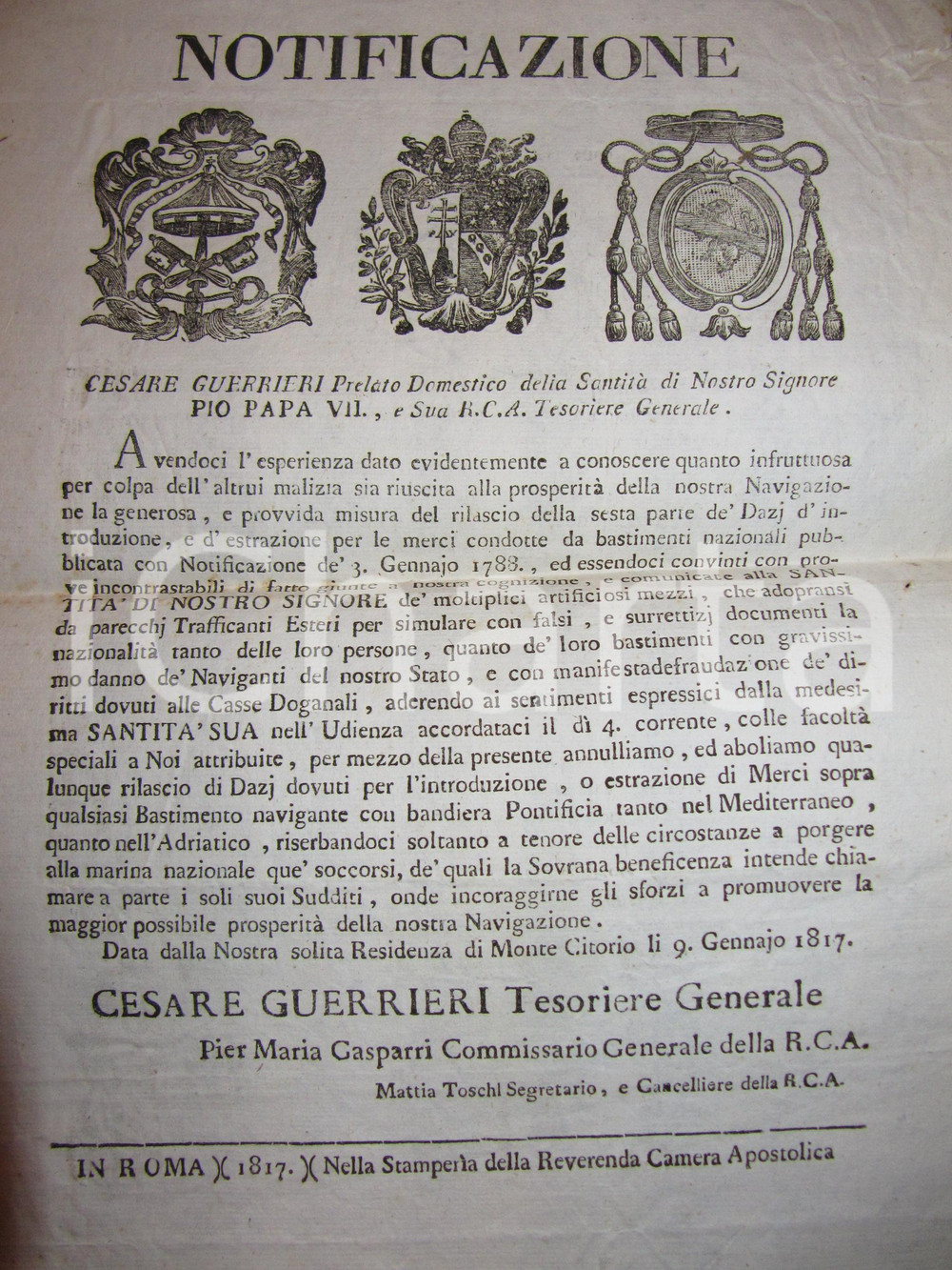 Documento originale, autentico 1817 STATO PONTIFICIO ROMA Navi fraudolente che battono bandiera pontificia 1