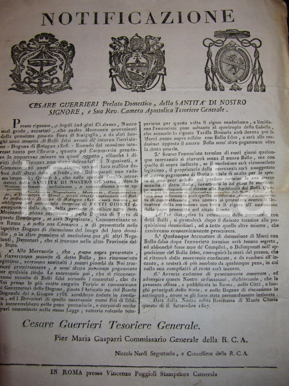 Documento originale, autentico 1817 STATO PONTIFICIO Fiera di SENIGALLIA Nuovi piombi contro frodi sul bollo 1