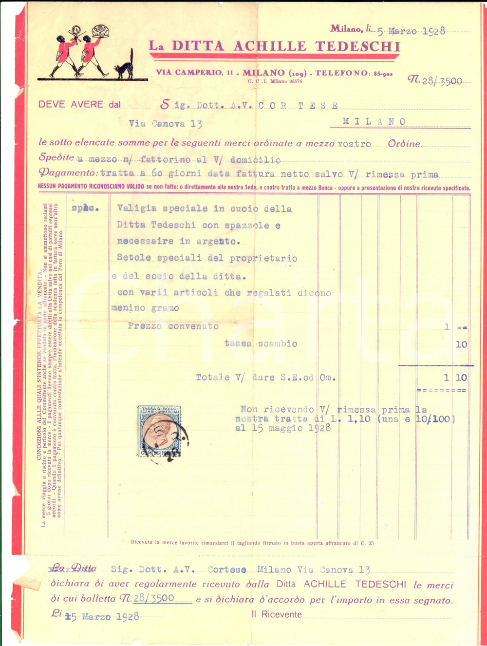 Documento originale, autentico 1928 MILANO Ditta Achille TEDESCHI - Fattura intestata per valigia in cuoio 1