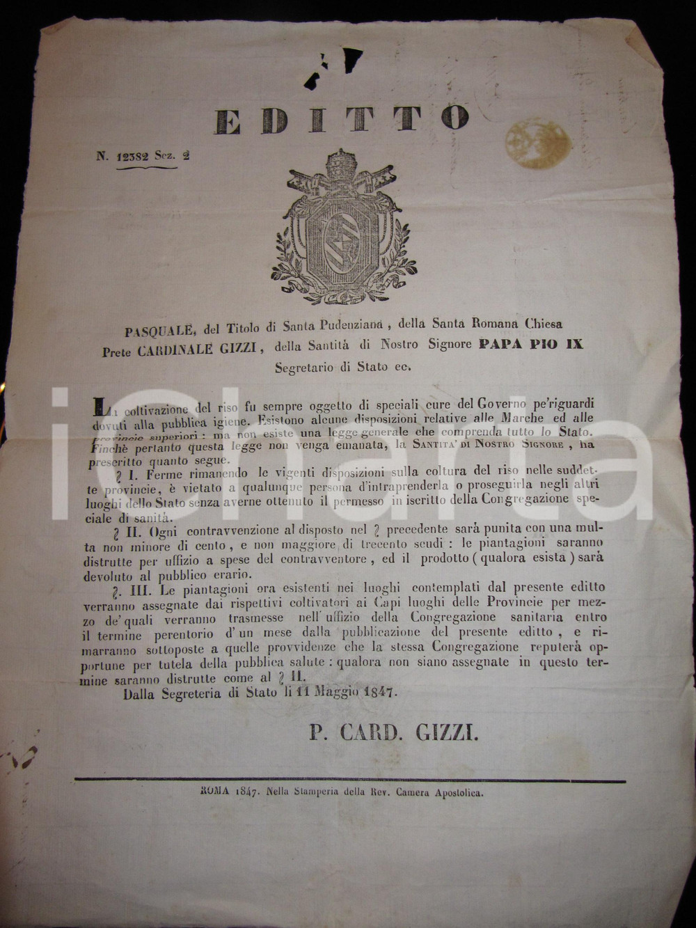Documento originale, autentico 1847 STATO PONTIFICIO ROMA Pubblica igiene nella coltivazione del riso MANIFESTO 1