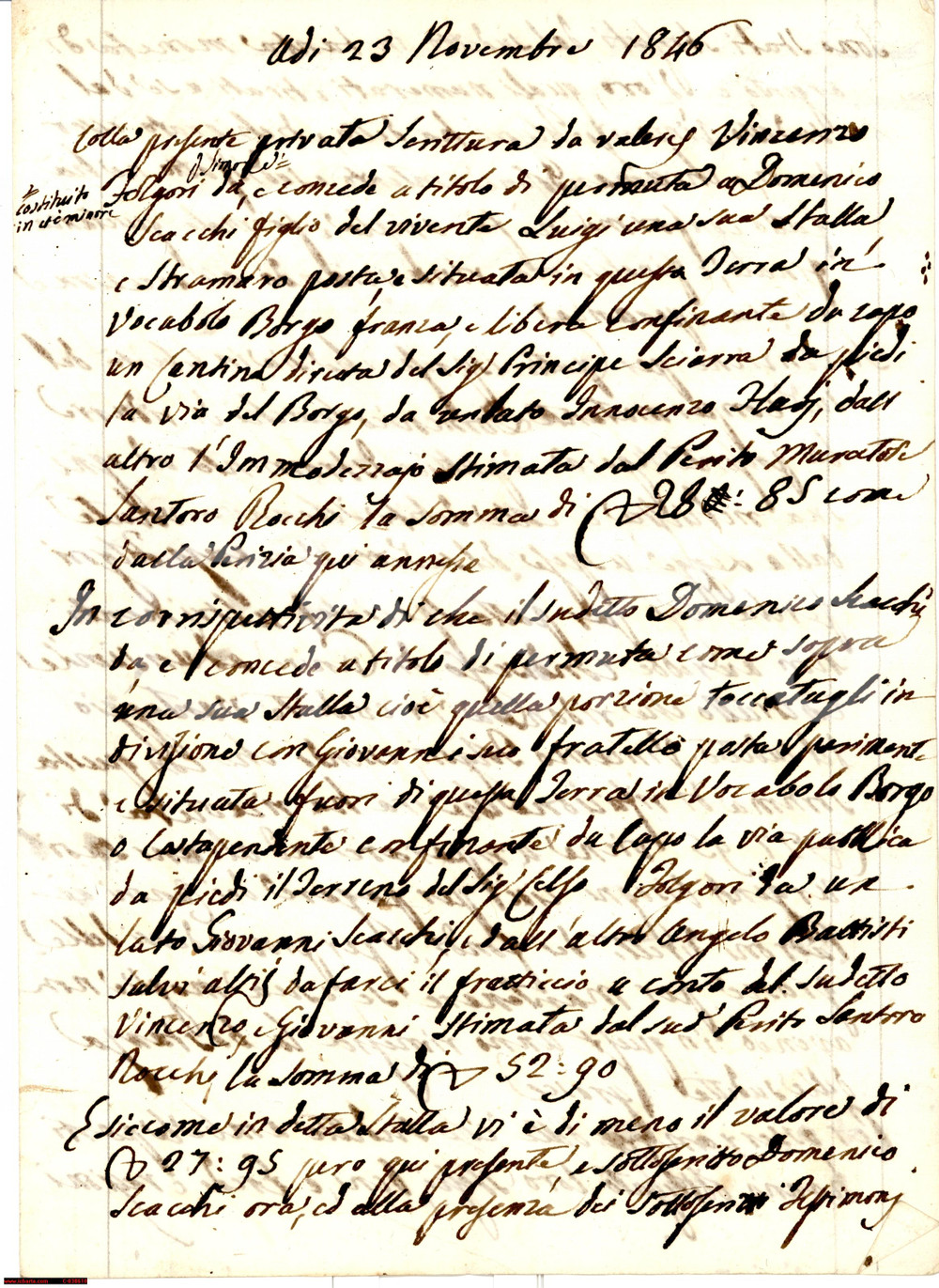 Documento originale, autentico 1846 BOVIANO (CB) Permuta di una stalla tra Vincenzo FOLGORI e Domenico SCACCHI 1
