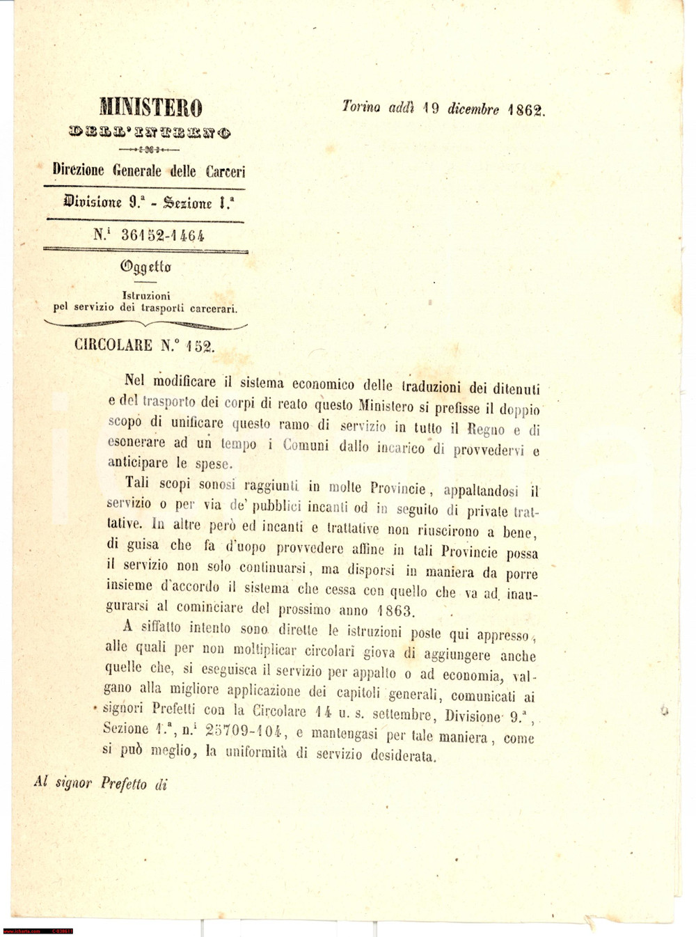 Documento originale, autentico 1862 TORINO Nuove norme per il trasporto dei carcerati *Documento 1