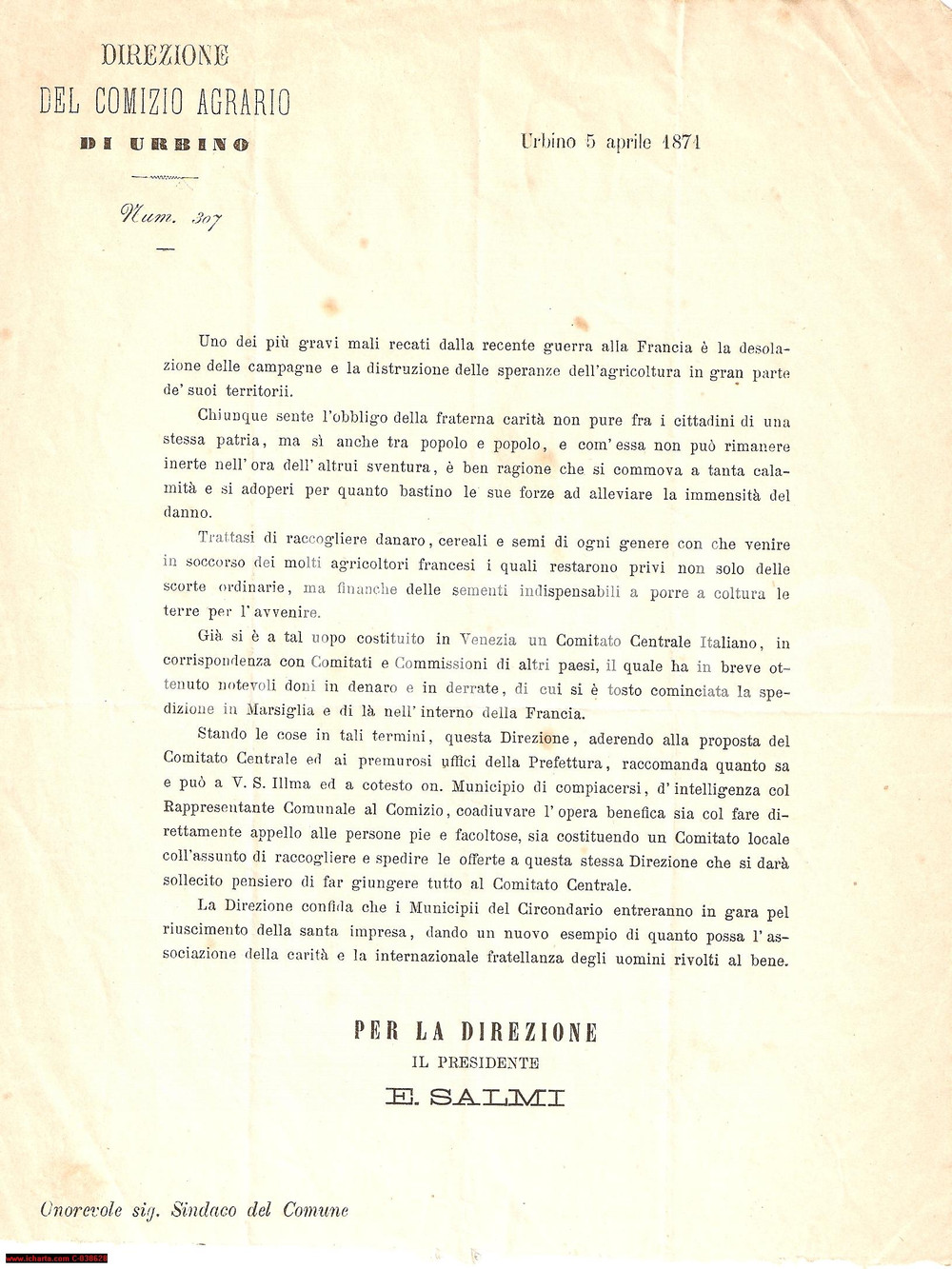 Documento originale, autentico 1871 URBINO PU Agricoltura francese rovinata da guerra 1