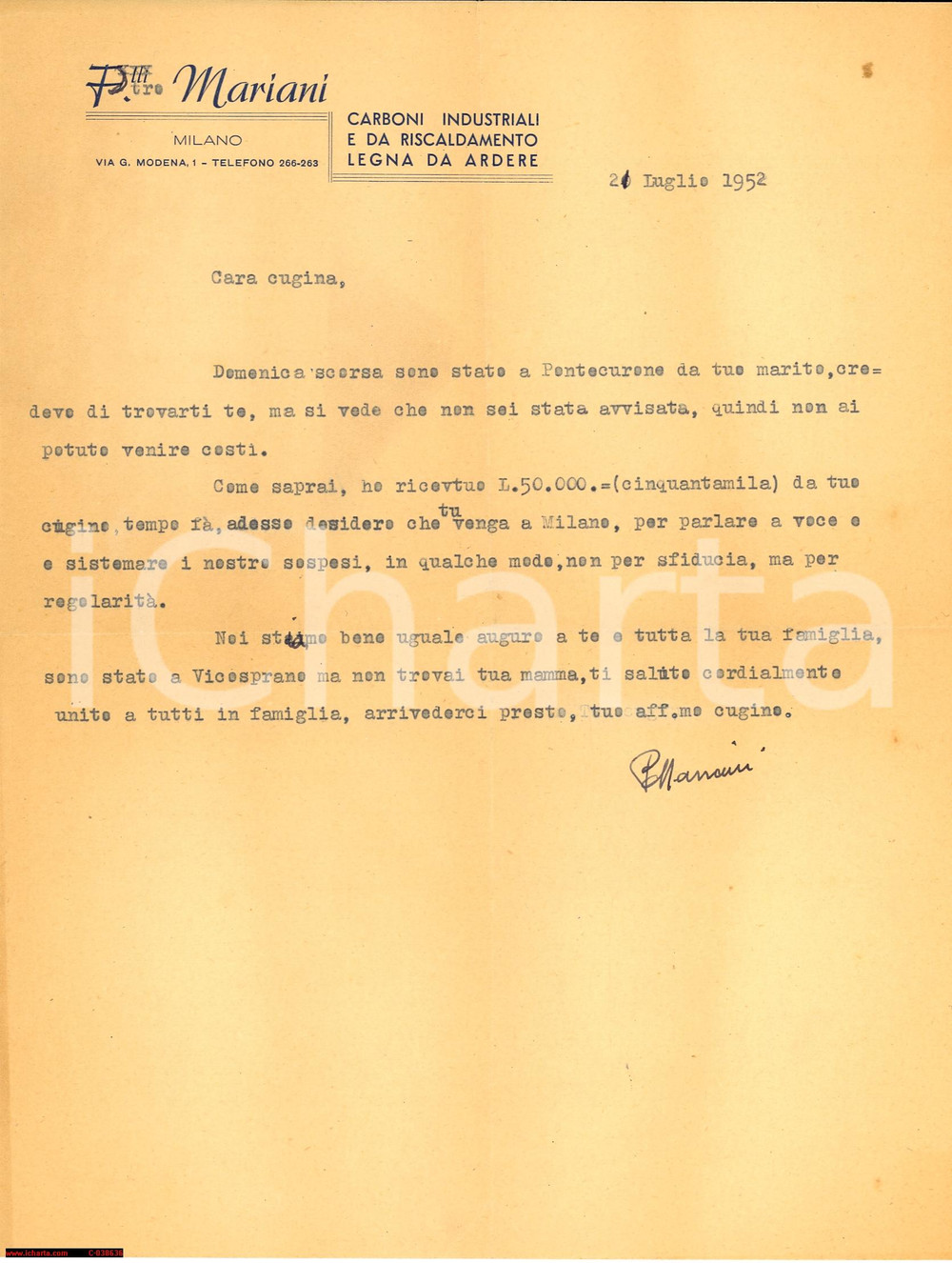 Manoscritto, lettera originale 1952 Milano Via Modena 1 Pietro Mariani Carboni Industriali Lettera 1