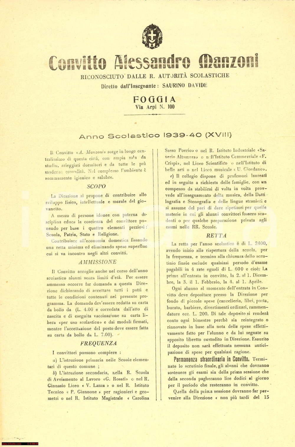 Documento originale, autentico 1939 FOGGIA Convitto Alessandro Manzoni Presentazione anno scolastico pieghevole 1