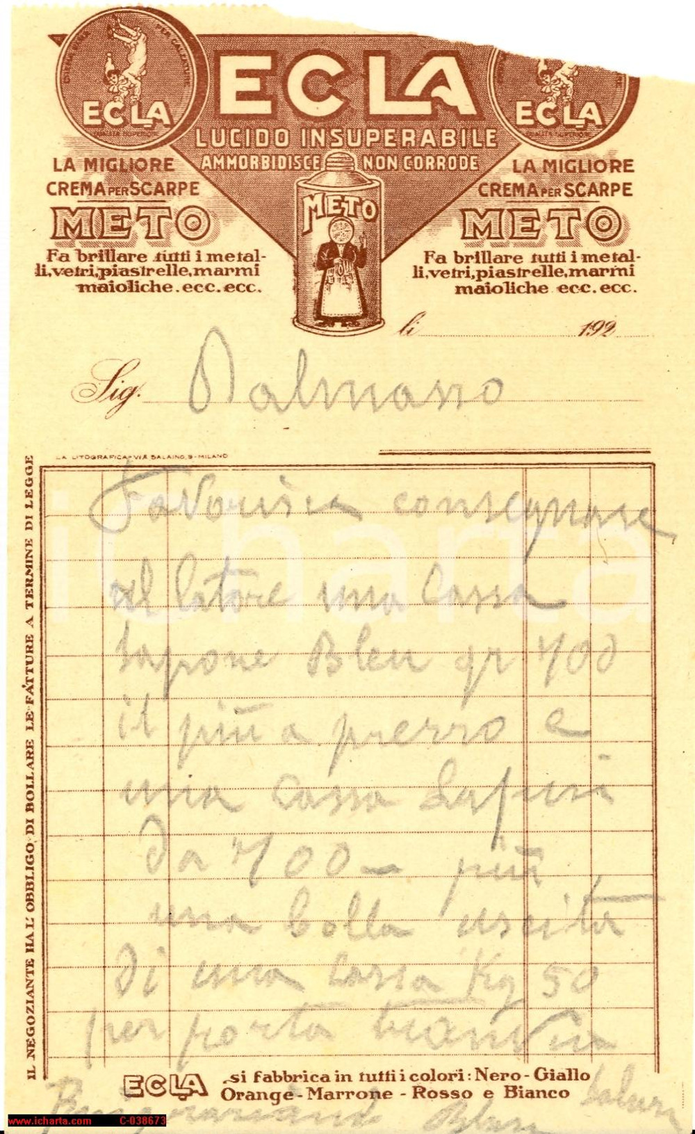 Materiale pubblicitario d’epoca 1920 MILANO ECLA lucido insuperabile ordine Sapone Bleu 1