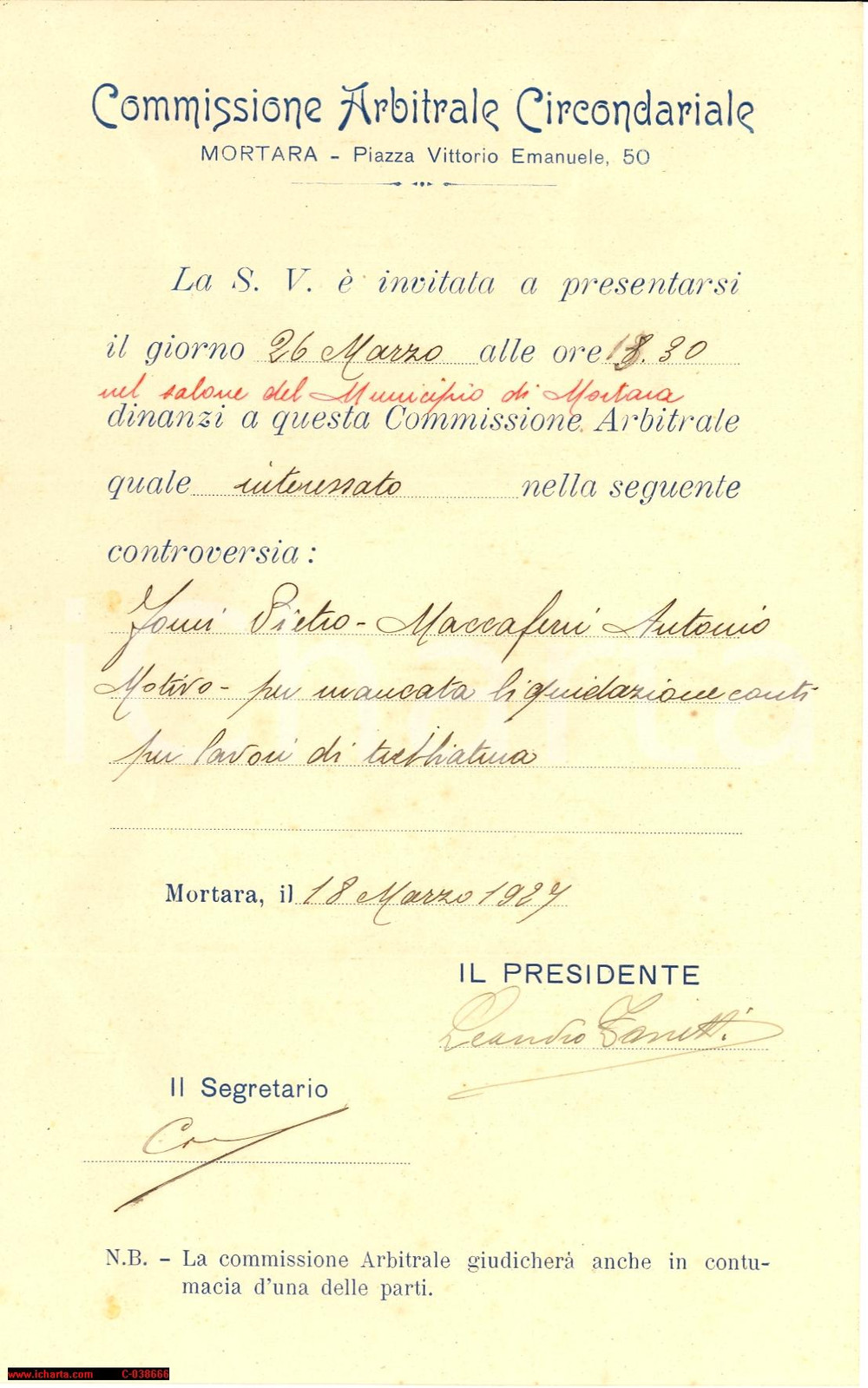 Documento originale, autentico 1927 MORTARA (PV) Mancato pagamento lavori trebbiatura 1