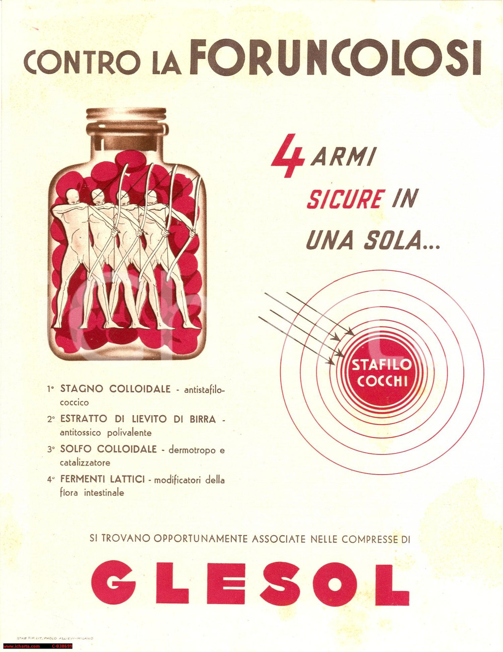 Materiale pubblicitario d’epoca 1950 Glesol, contro foruncolosi e stafilococchi Volantino 1