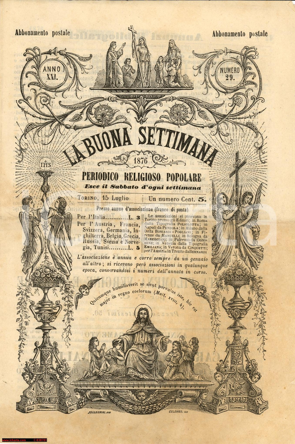 Giornale, rivista storica 1876 La Buona Settimana, rivista religiosa, B Giovenale I  misteri del cosmo 1