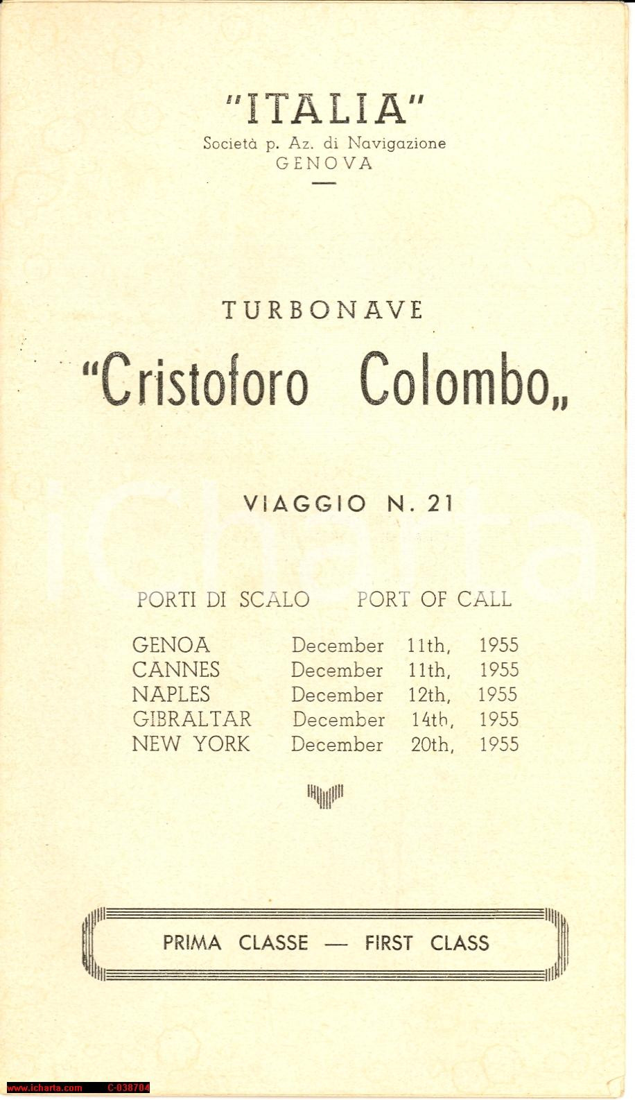 Oggetto da collezione cartaceo 1955 Turbonave Cristoforo Colombo, programma di viaggio prima classe 1