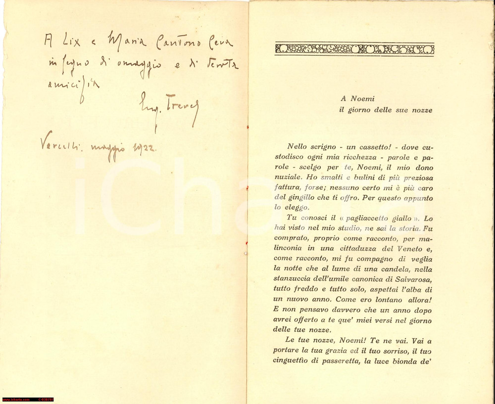 Libro, pubblicazione d epoca 1920 EUGENIO TREVES Il pagliaccetto giallo  Invio AUTOGRAFO Libretto 1