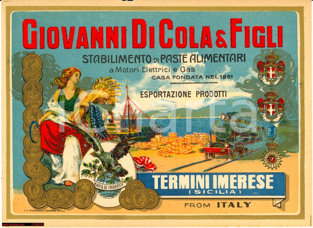 Materiale pubblicitario d’epoca 1920 TERMINI IMERESE Giovanni di Cola e Figli, etichetta pasta 1