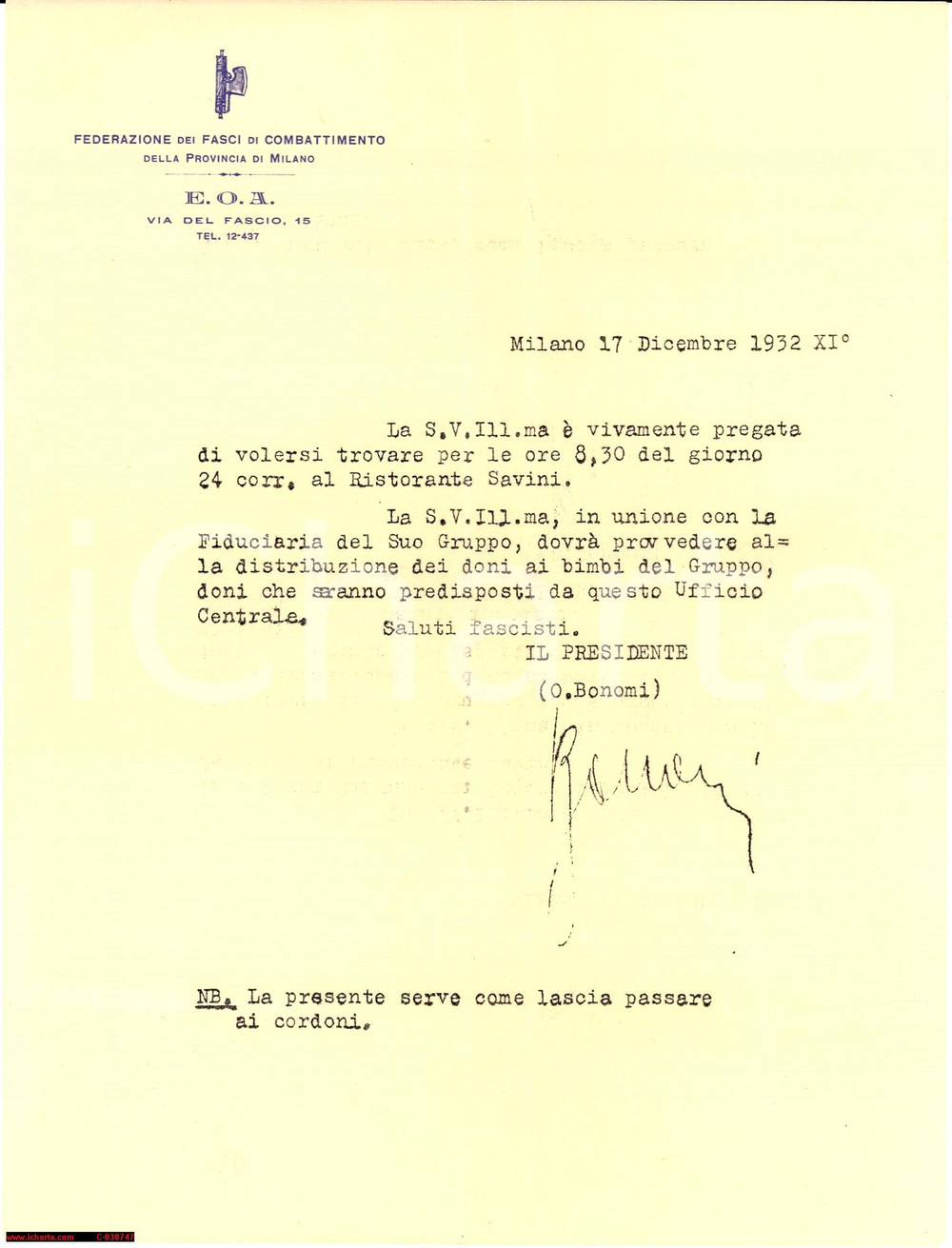 Documento originale, autentico 1932 Fasci di Combattimento Milano, rist. Savini 1