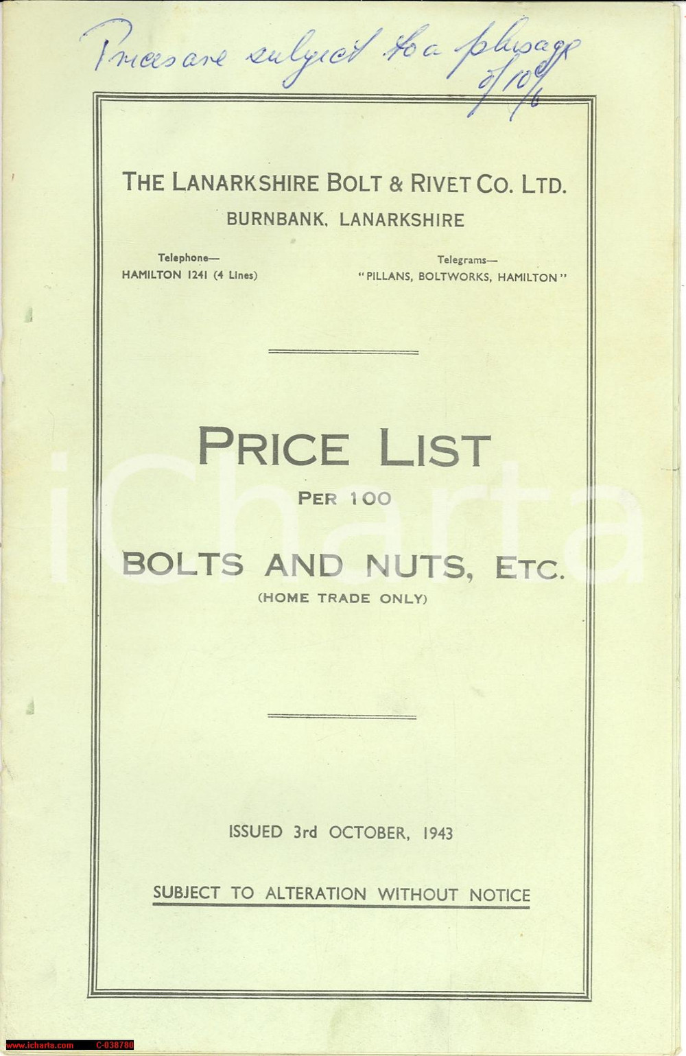 Oggetto da collezione cartaceo 1943 BURNBANK (GB) LANARKSHIRE BOLT & RIVET Price List 1