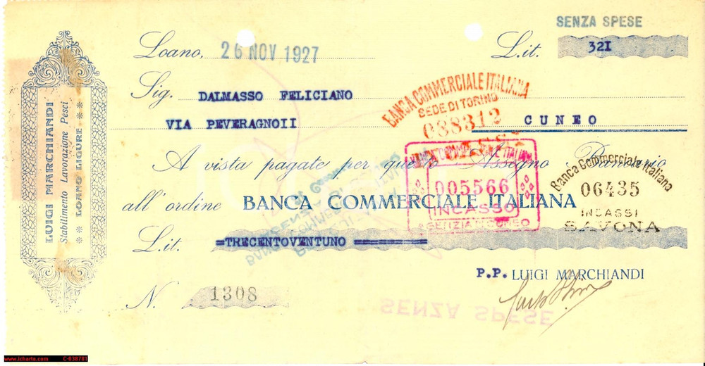 Oggetto da collezione cartaceo 1927 LOANO Luigi Marchiandi Lavorazione Pesci assegno 1
