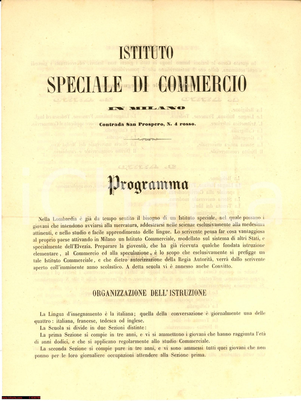 Documento originale, autentico 1860 MIlano Via San Prospero Istituto Speciale Commercio Enrico Wild Programma 1