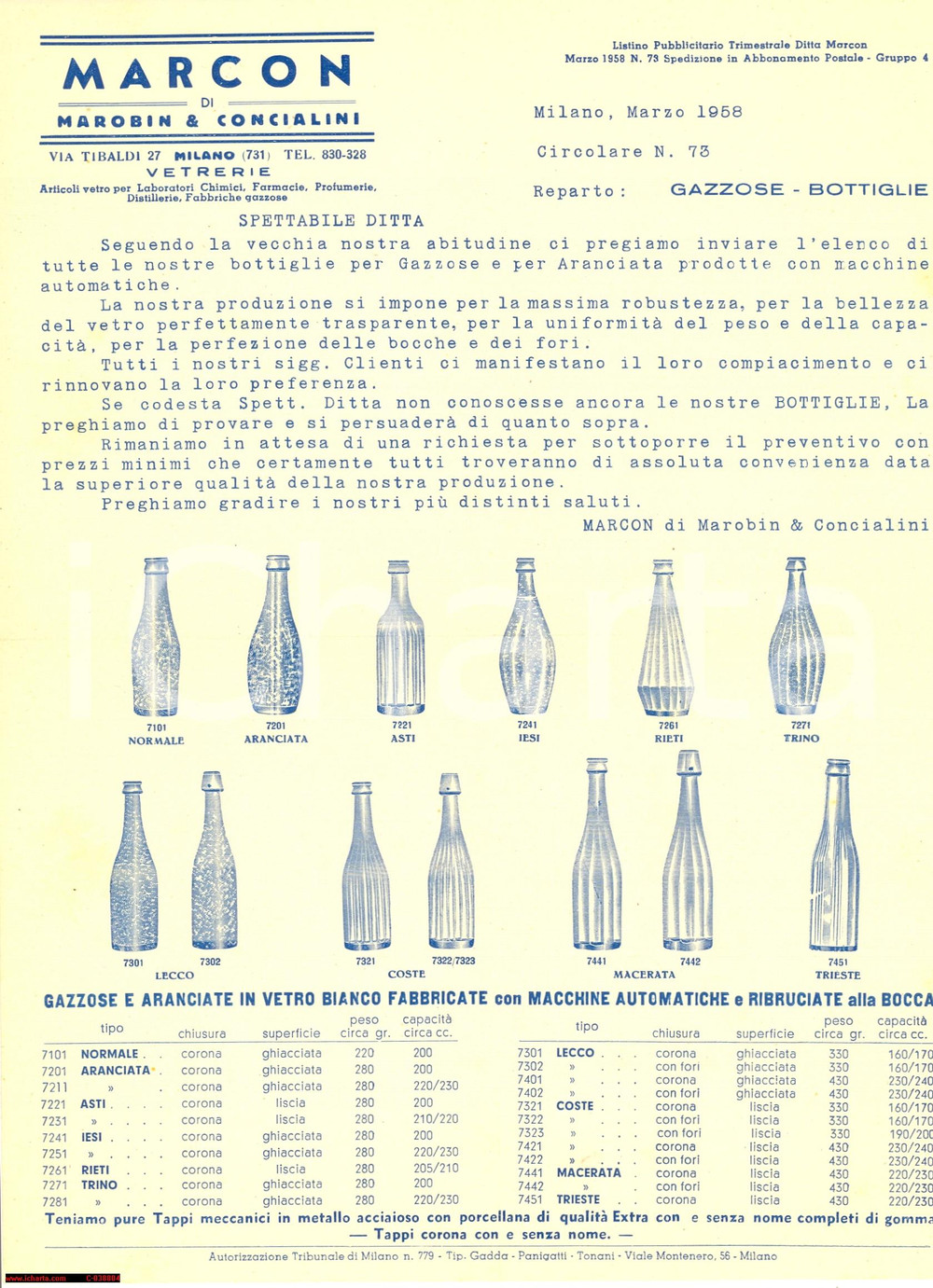 Materiale pubblicitario d’epoca 1958 Milano, via Tibaldi 27, VETRERIA MARCON Bottiglie per bibite gassate 1