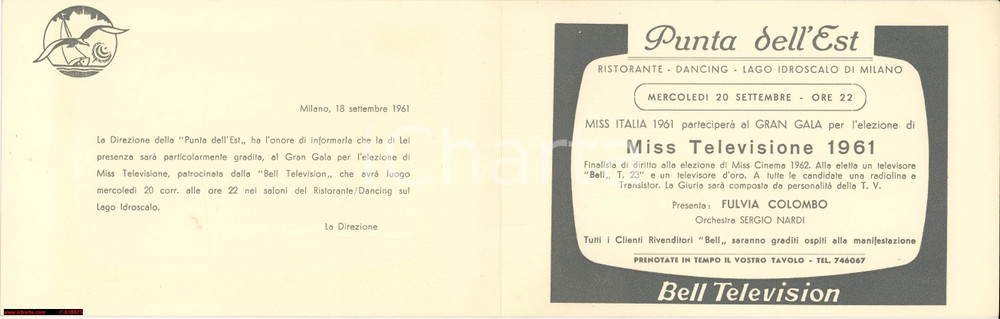Oggetto da collezione cartaceo 1961 MILANO IDROSCALO Invito GRAN GALA MISS TELEVISIONE 1