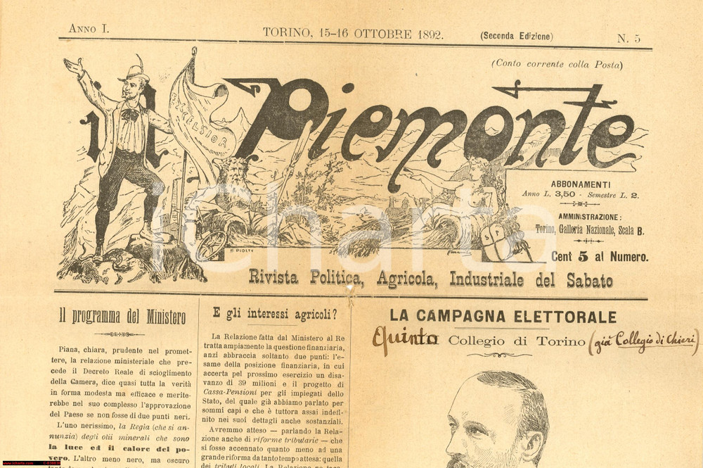 Giornale, rivista storica 1892 Piemonte  Rivista politica, agricola, industriale del sabato 1