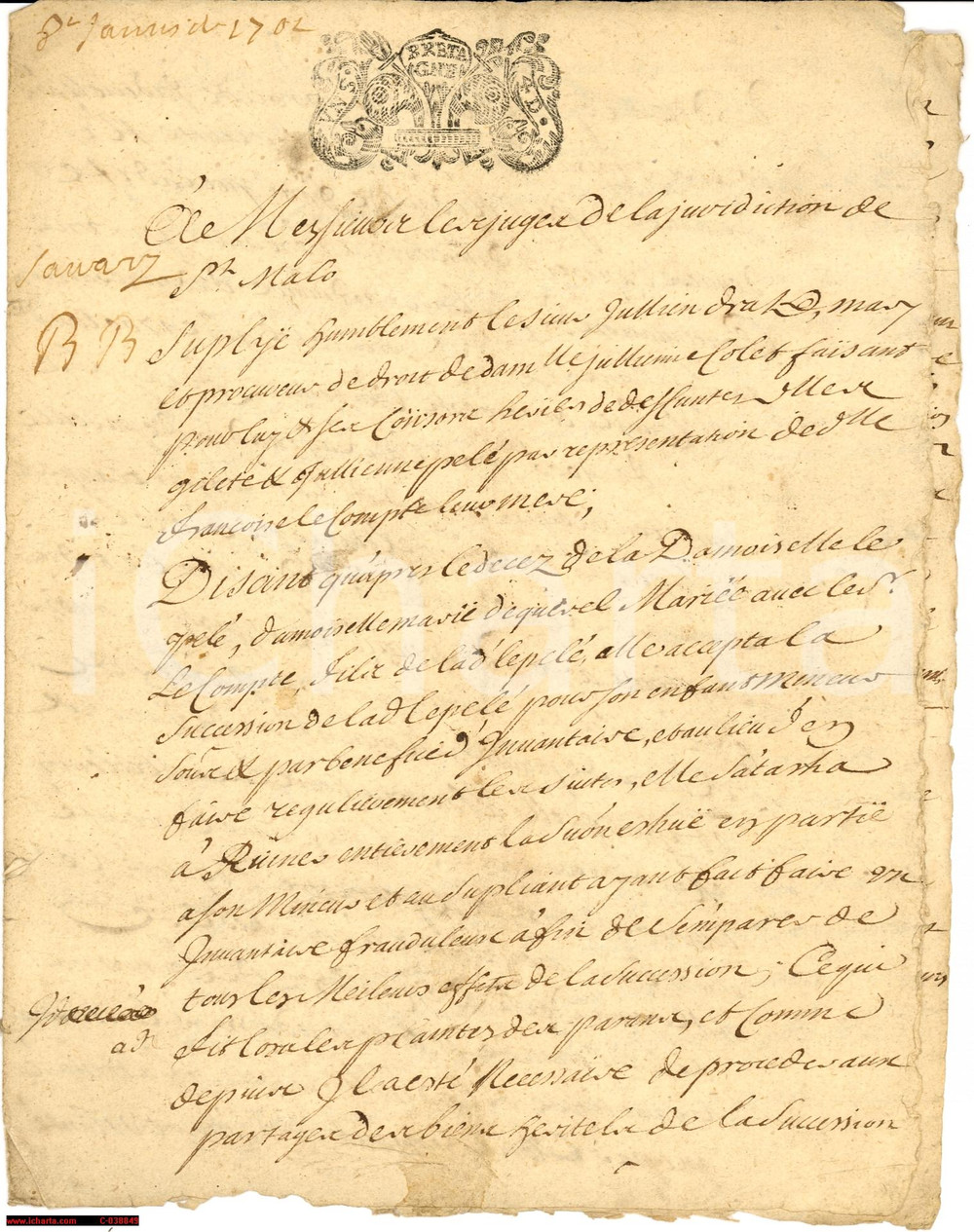 Documento originale, autentico 1702 SAINTMALO BRETAGNE Droits de Julienne COLET dans la succession LEPELE 1