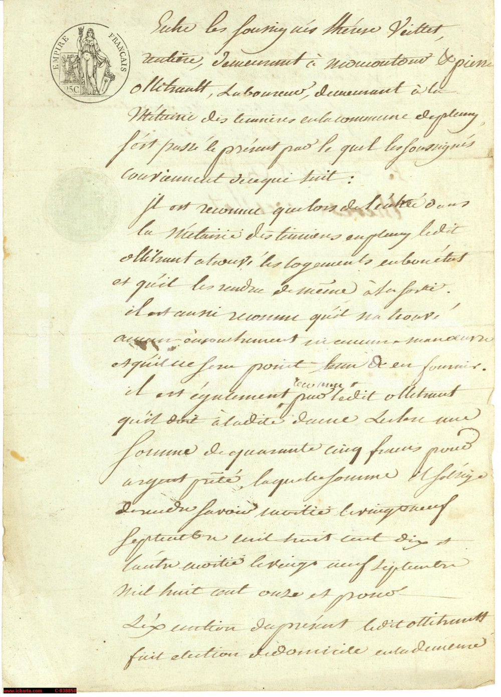 Documento originale, autentico 1810 MONCONTOUR France Mezzadria Pierre OLLITRANT 1