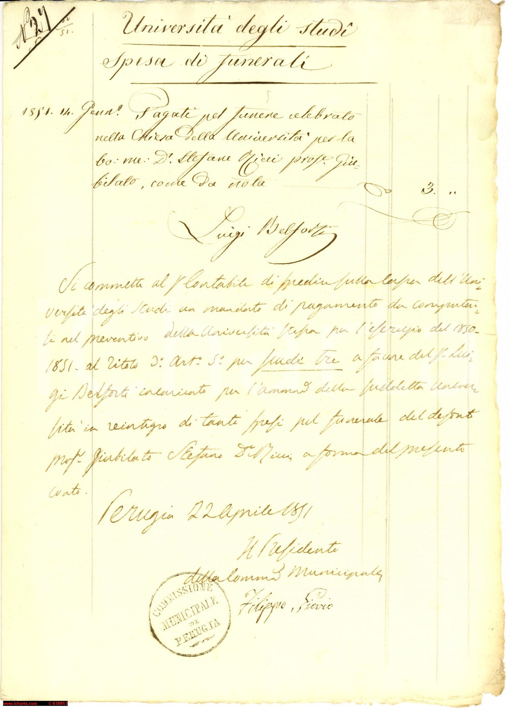 Documento originale, autentico 1851 PERUGIA Funerali Stefano RICCI prof. giubilato 1