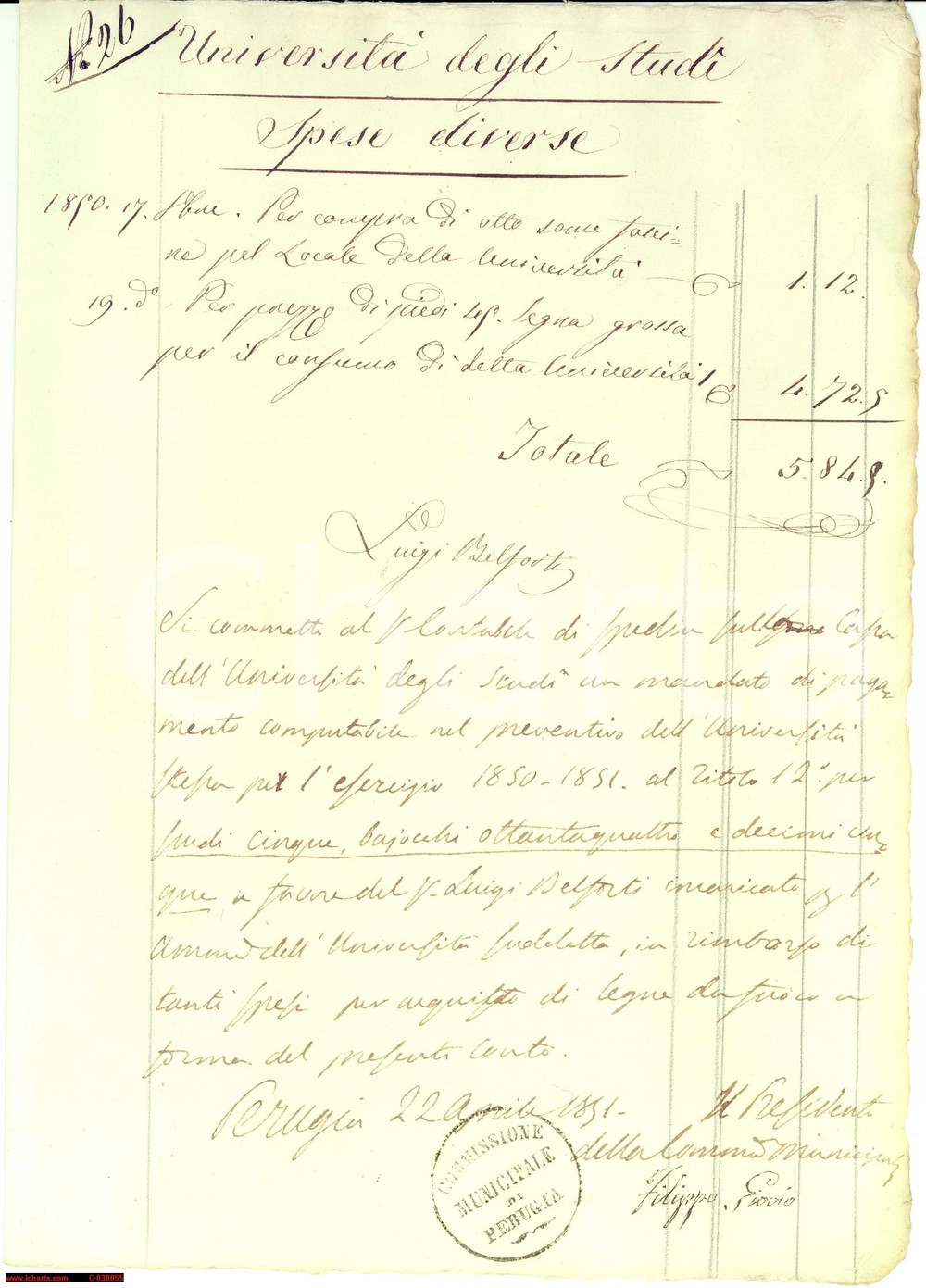 Documento originale, autentico 1850 PERUGIA UniversitÃ  degli Studi legna e amministraz 1