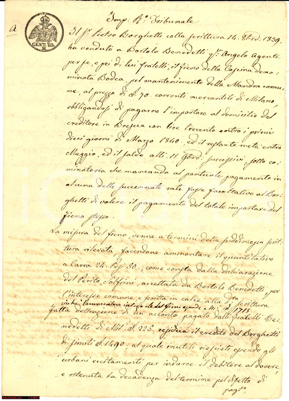 Documento originale, autentico 1840 CASTENEDOLO -BS Fornitura fieno Cascina Bodea 1