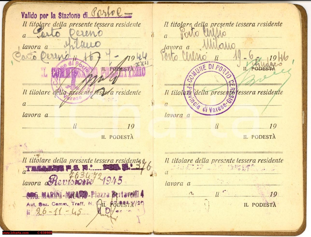 Oggetto da collezione cartaceo 194445 RSI TESSERA FERROVIARIA Tratta MILANO  PORTO CERESIO 1