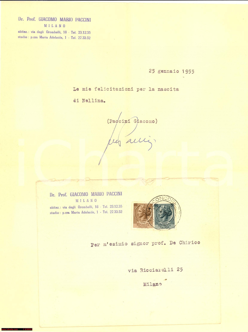 Autografo originale 1955 Giacomo Mario PACCINI felicitazioni a DE CHIRICO Autografo 1