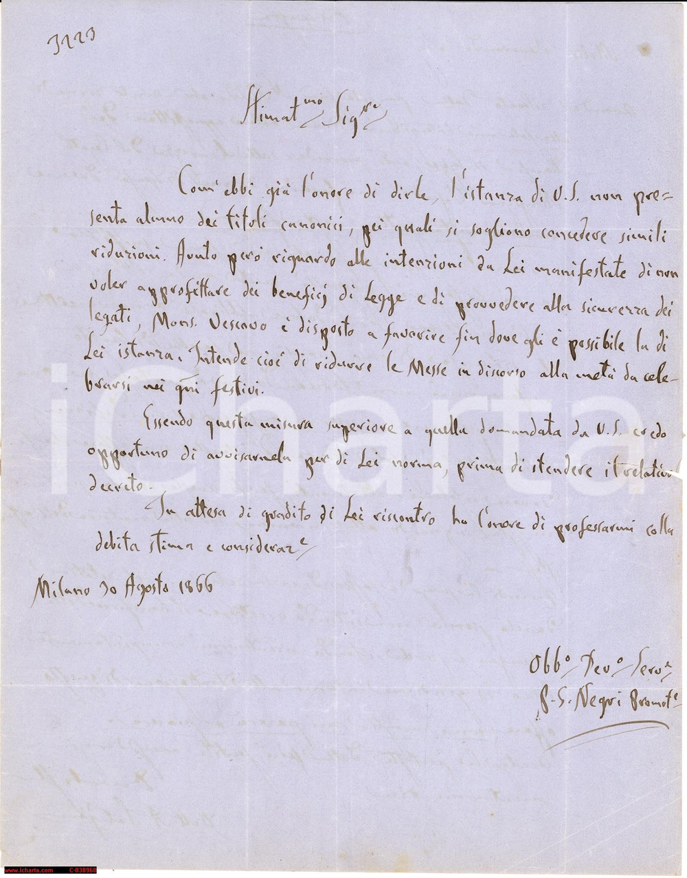 Documento originale, autentico 1866 CUASSO AL MONTE (VA) Achille SABAJNO vs il Vescovo 1